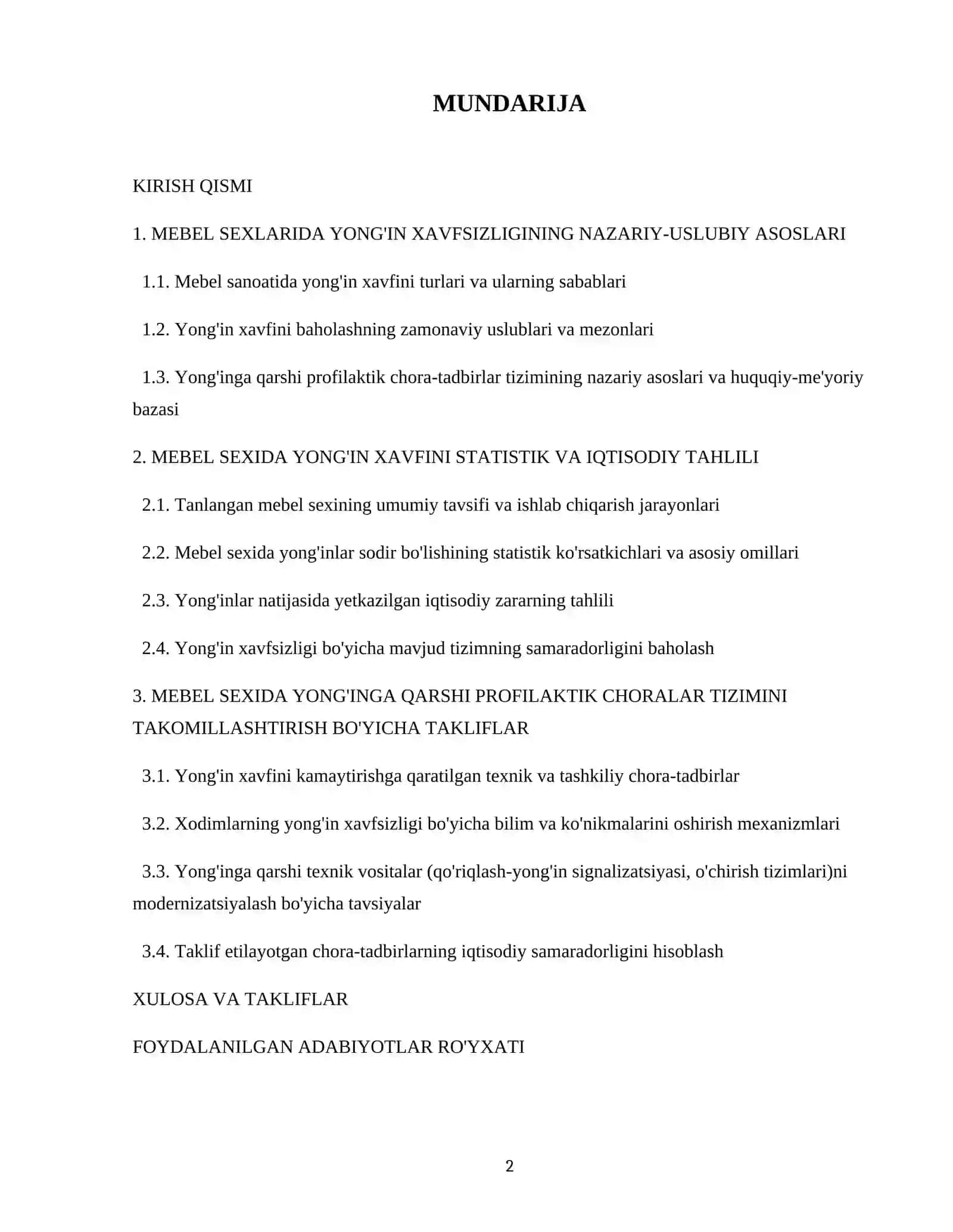 Mebel sexida yong'in xafini baholash va yong'inga qarshi profilaktik choralar tizimini takomillashtirish 2