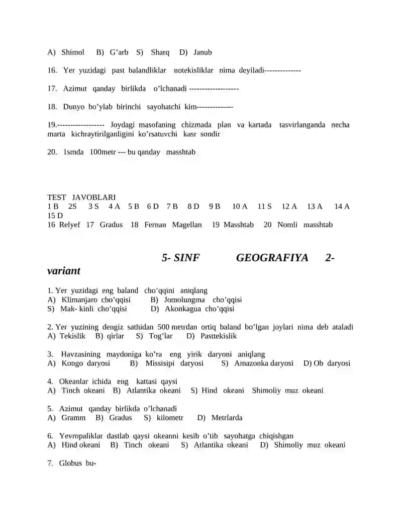 5-SINF GEOGRAFIYA fanidan Test 2