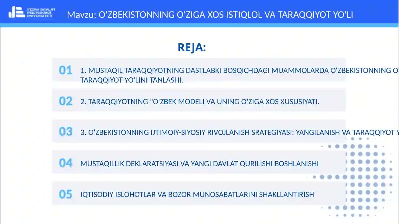 O'ZBEKISTONNING O'ZIGA XOS ISTIQLOL VA TARAQQIYOT YO'LI 2