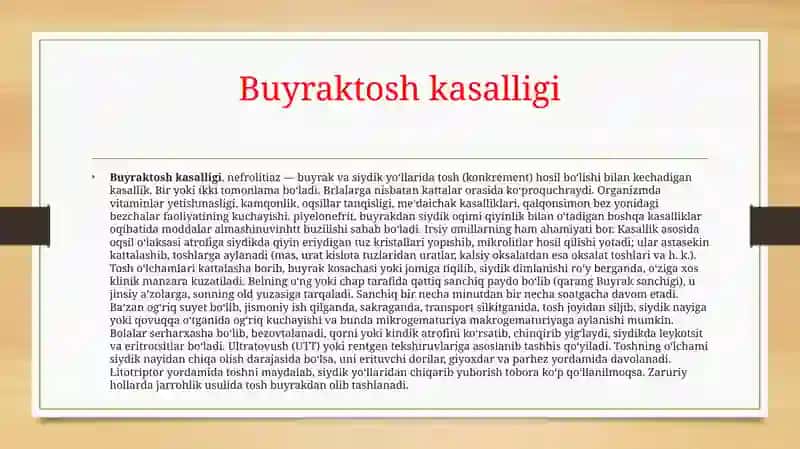 Buyraklarda urat toshlarining hosil bo'lishi va ularning davolash yo'llari 2