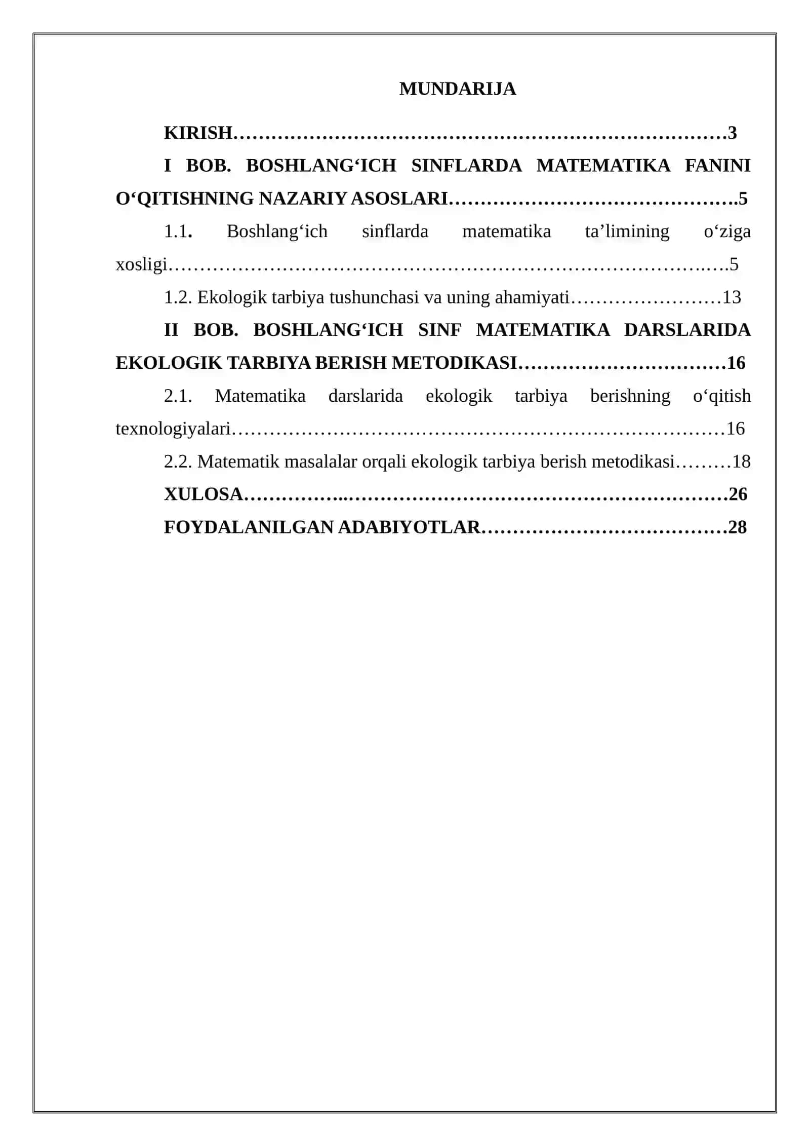 BOSHLANG’ICH SINFLARDA MATEMATIKA O’QITISH JARAYONIDA EKOLOGIK TARBIYA BERISH METODIKASI    (3-4-SINFLAR MISOLIDA) 2