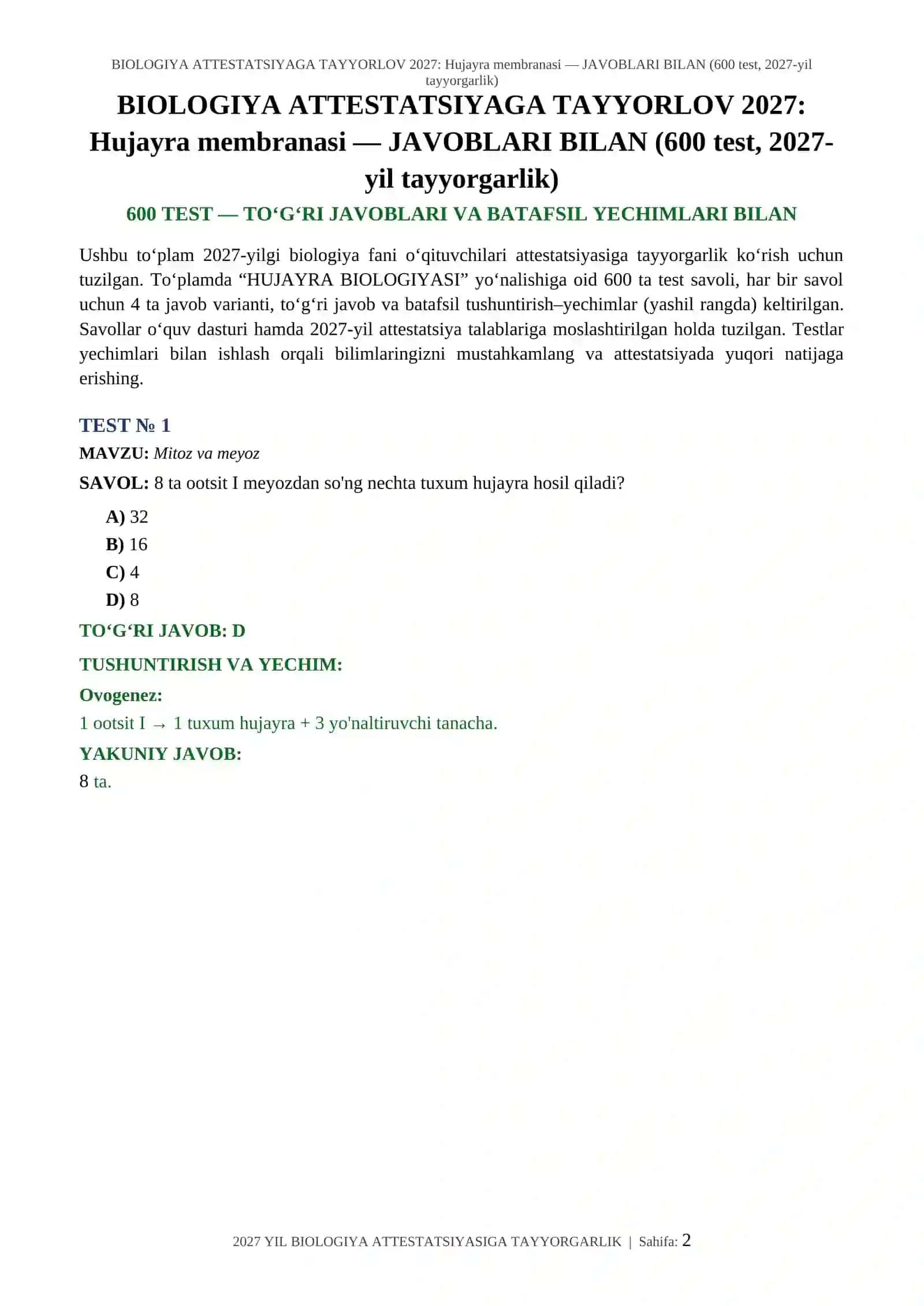 BIOLOGIYA ATTESTATSIYAGA TAYYORLOV 2027: Hujayra membranasi — JAVOBLARI BILAN (600 test, 2027-yil tayyorgarlik) 2