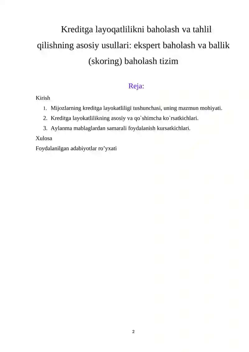 Kreditga layoqatlilikni baholash va tahlil qilishning asosiy usullari 2