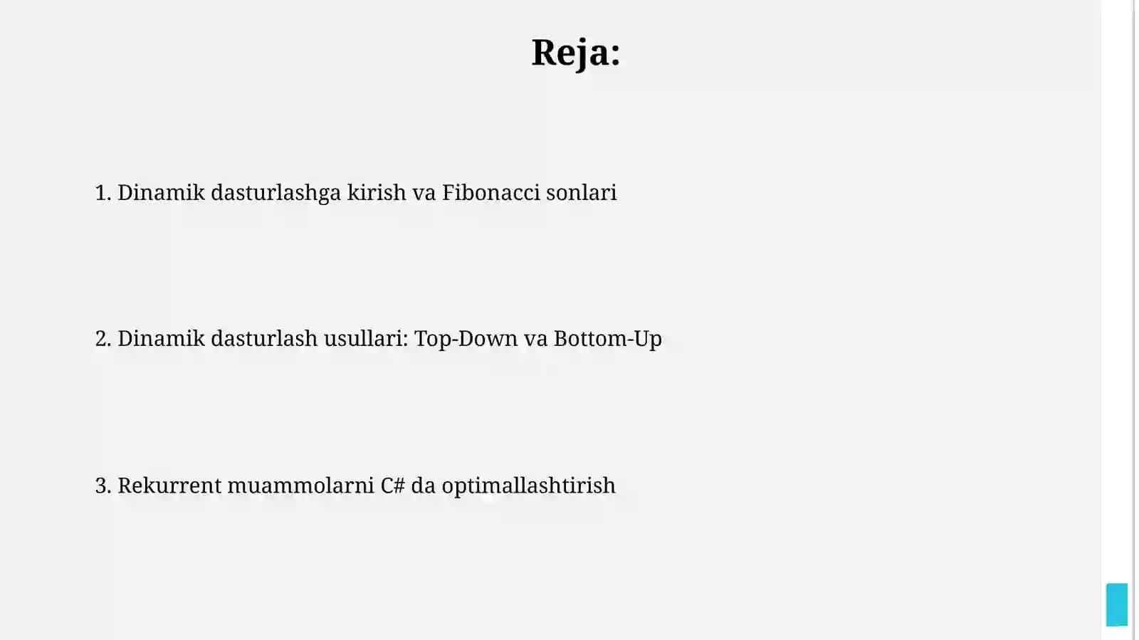 Dinamik dasturlashni oqitish.Fibonacci sonlari vaboshqa rekurrent masalalarini C# bilandasturlash 2