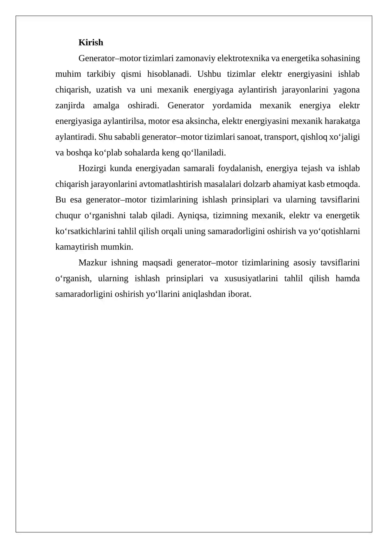 Generator-motor tizimlari tavsiflarini tahlili 2