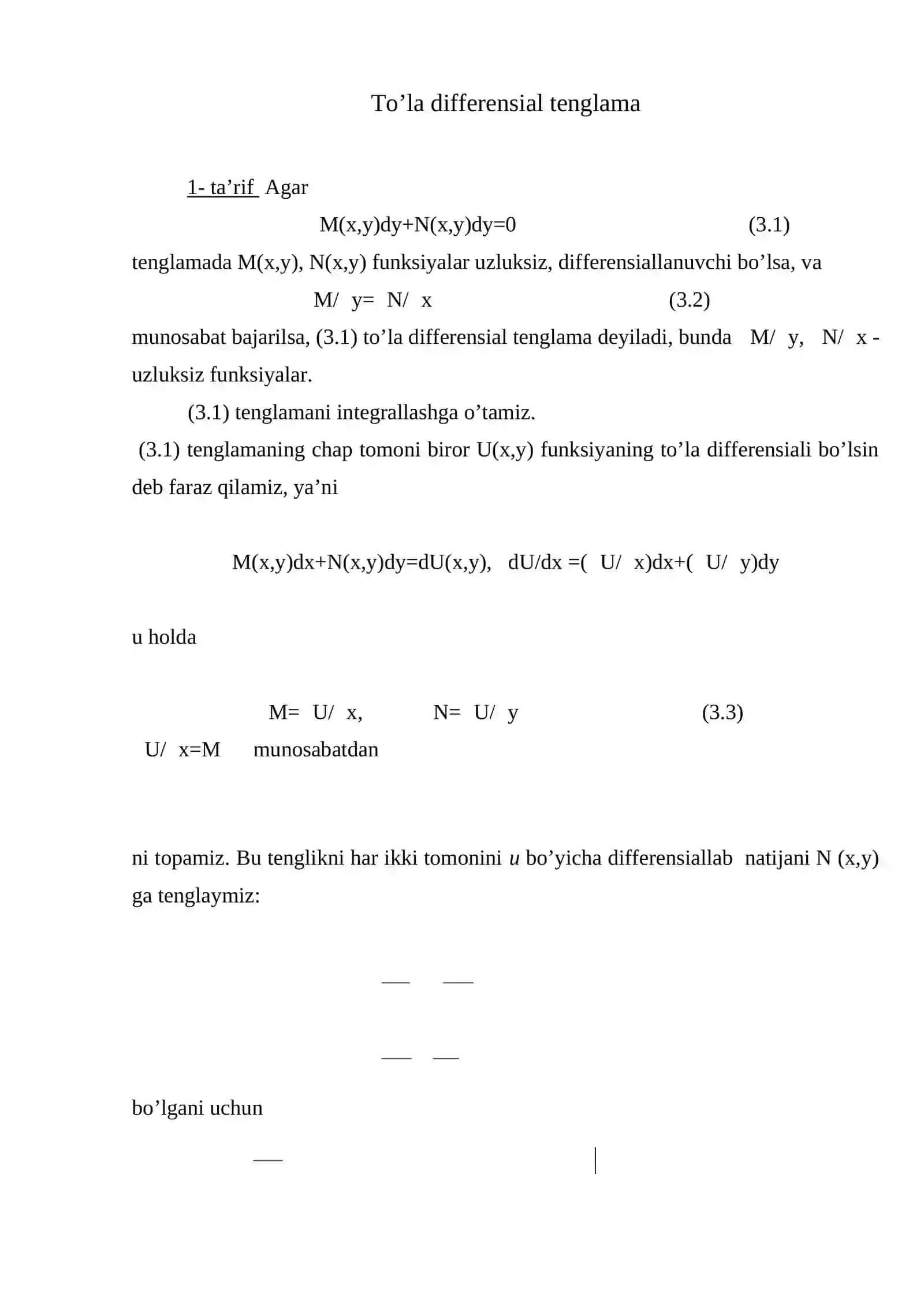 To’la differensial tenglama. Hosilaga nisbatan yechilmagan birinchi tartibli tenglamalar 2