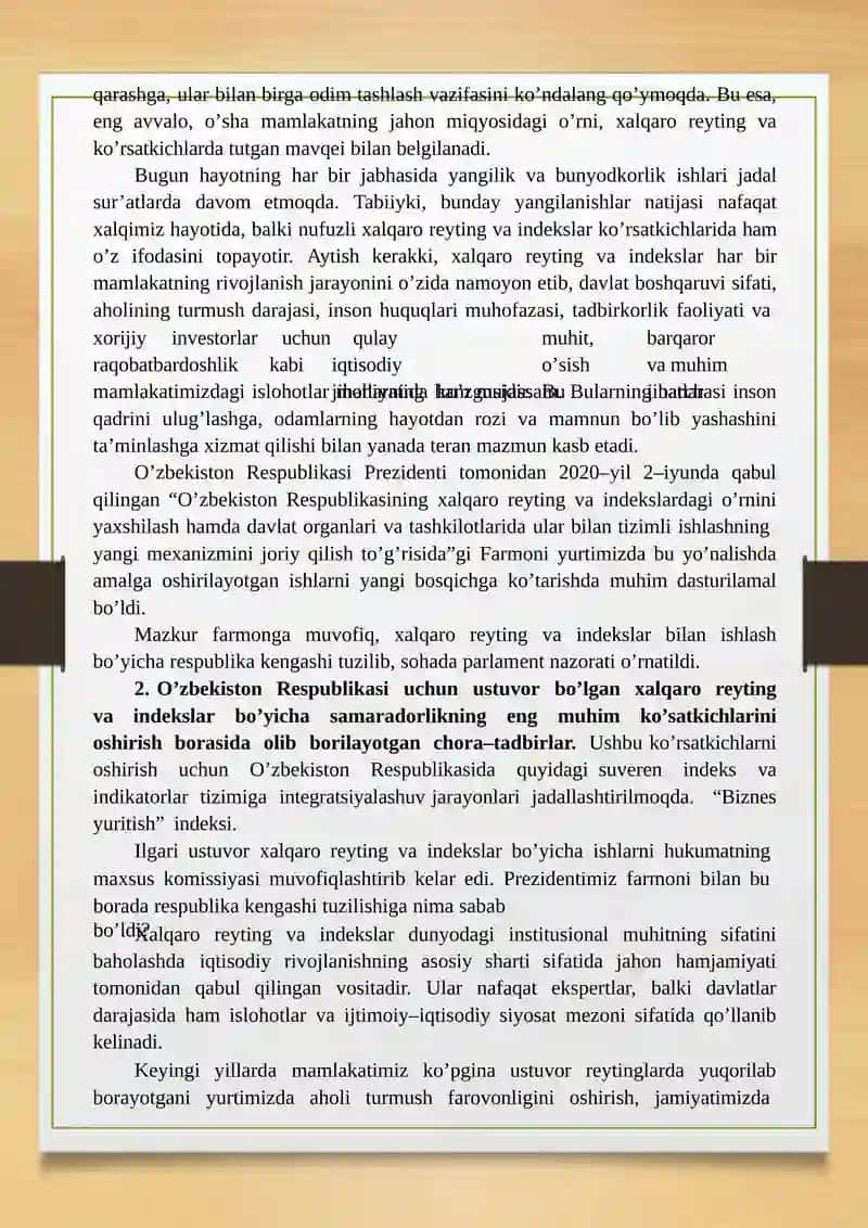 О’ZBEKISTON RESPUBLIKASINING XALQARO REYTING VA INDEKSLAR DAGI О’RNI VA NUFUZINING ORTI 2