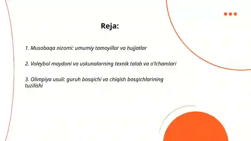 Volebol musobaqa qoidalari boʻyicha musobaqa nizomi va olinpiya usulini oʻrganish 2