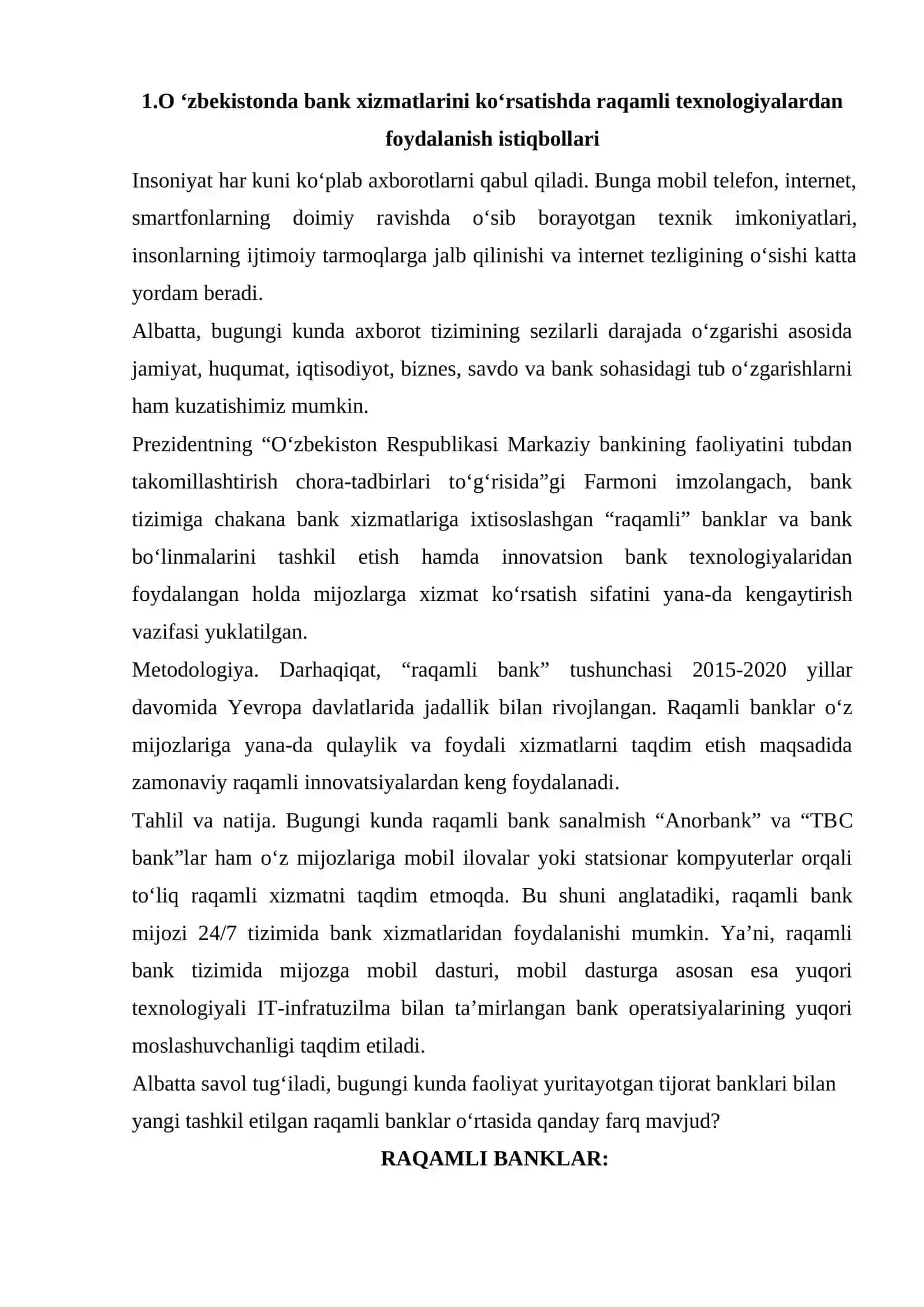 Bank hizmatlari sohasida raqamli texnalogiyalar o‘rni va rivojlanish yo‘nalishlari 2