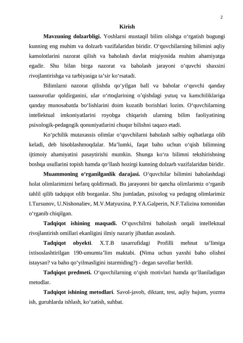 OʻQUVCHILARNI BILIM, KOʻNIKMA VA MALAKALARINI BAHOLASHNING REYTING TIZIMI 2