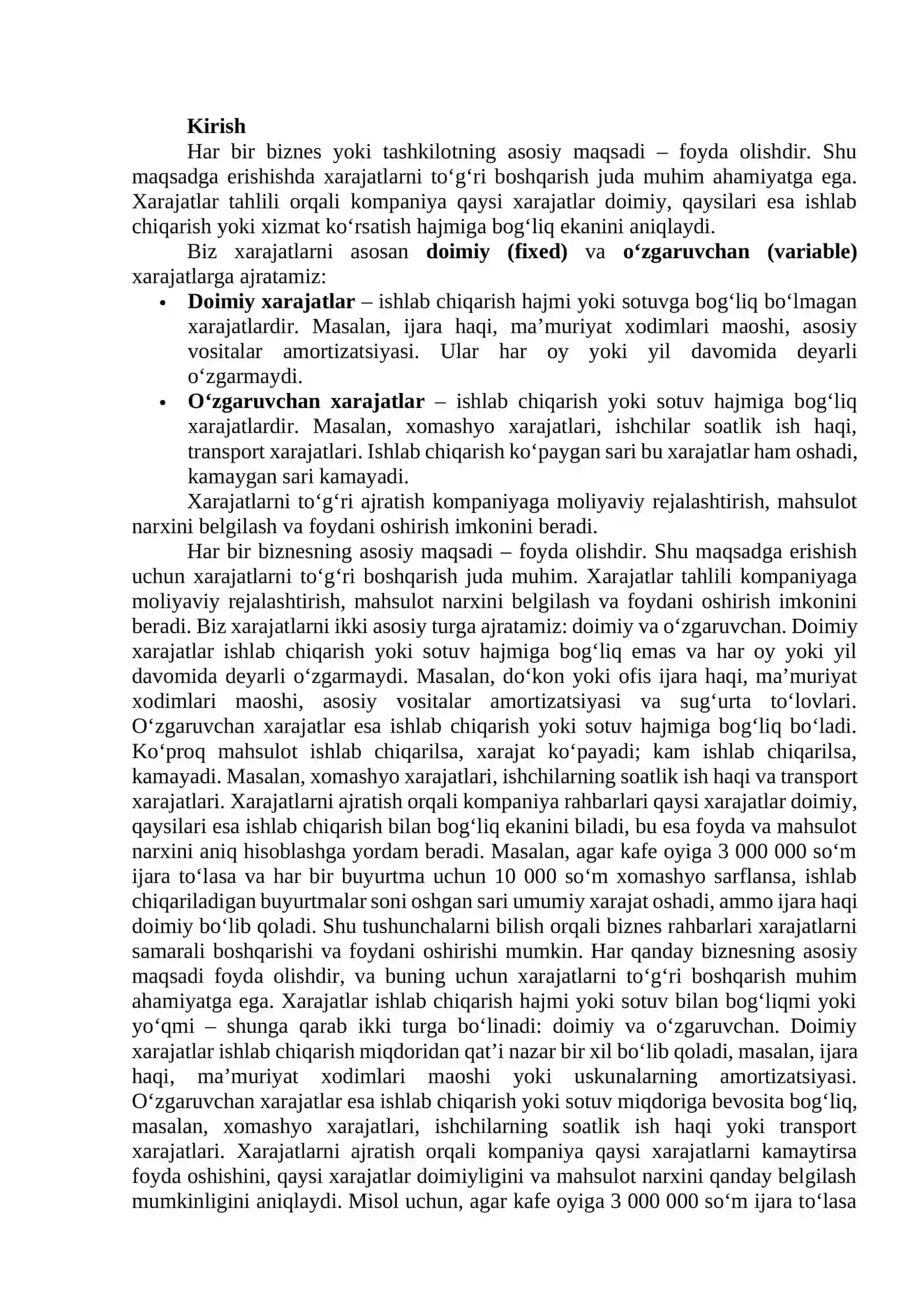 Doimiy va o'zgaruvchan xarajatlarni ajratish 2