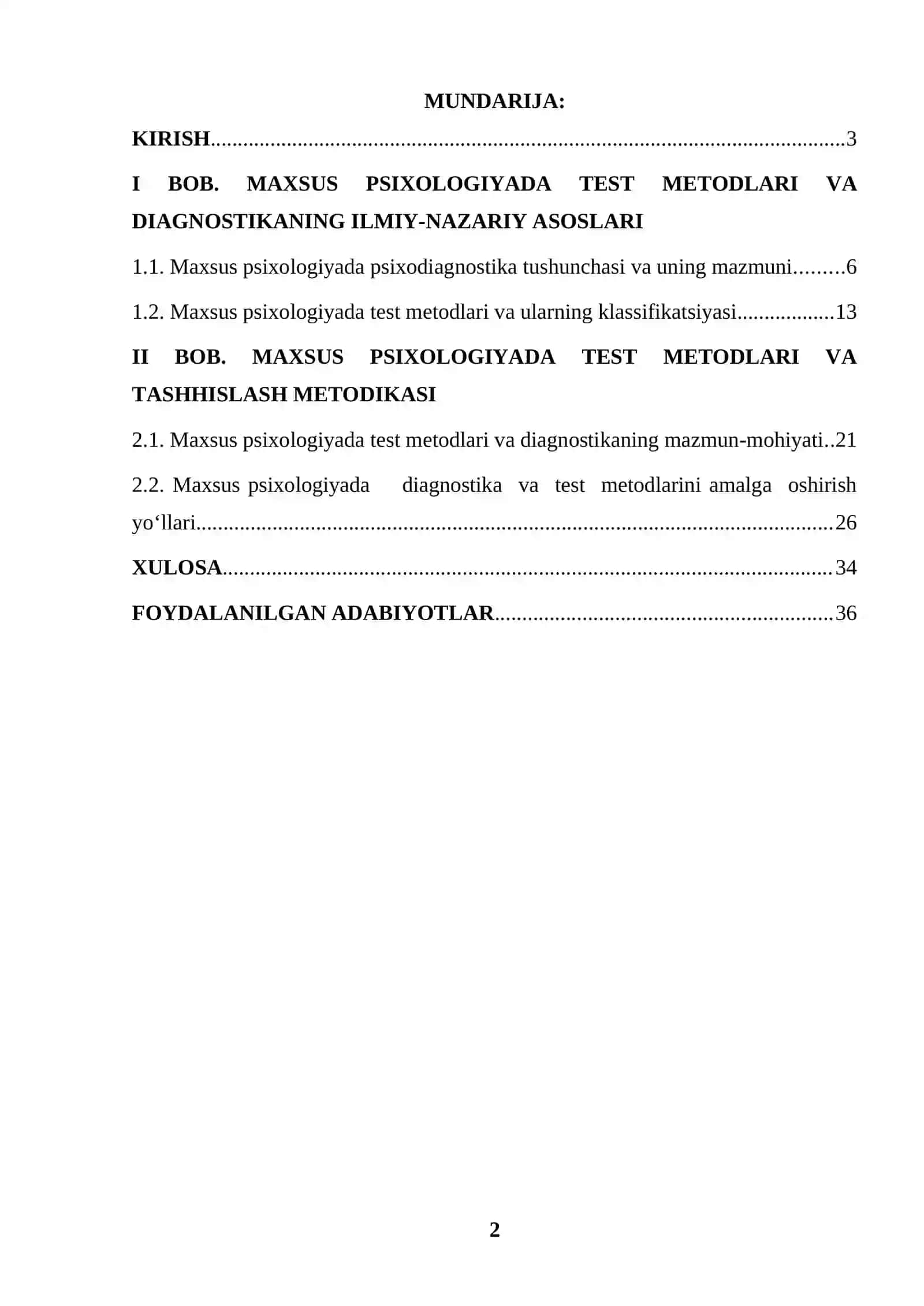 "MAXSUS PSIXOLOGIYADA TEST METODLARI VA DIAGNOSTIKA" MAVZUSIDAGI KURS ISHI 2