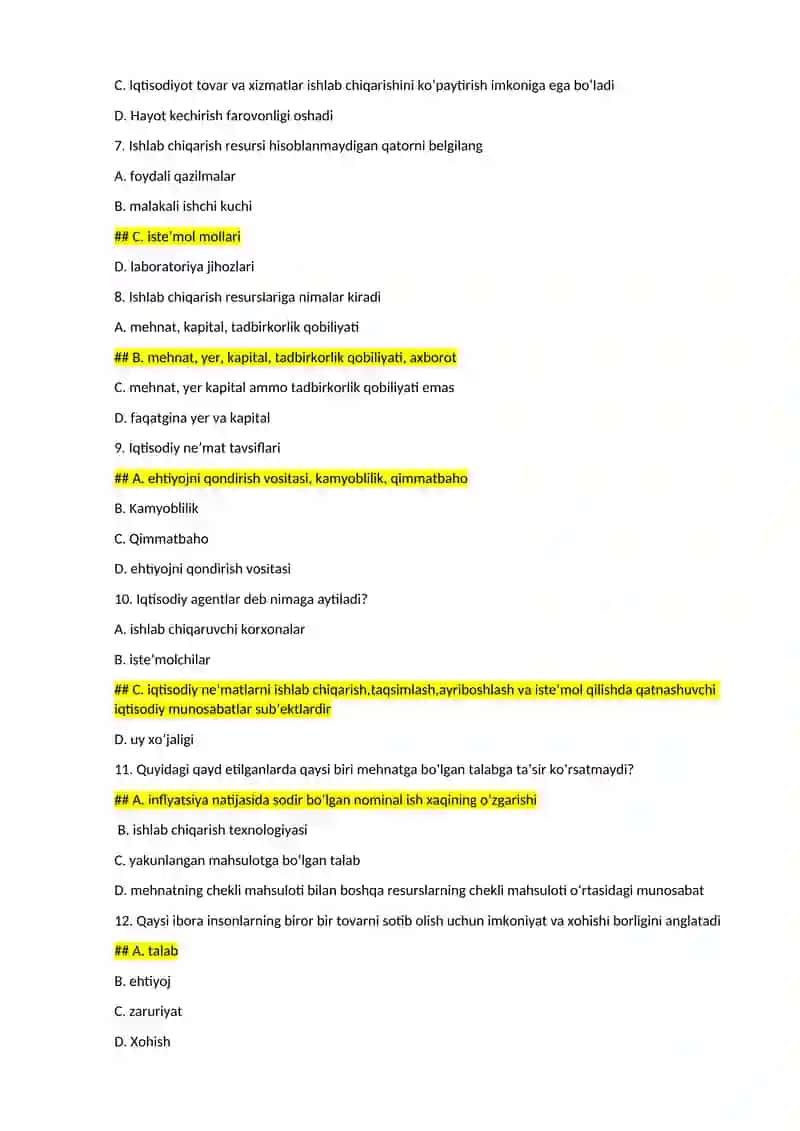 Mikroiqtisodiyot fanidan yakuniy test savollari 2