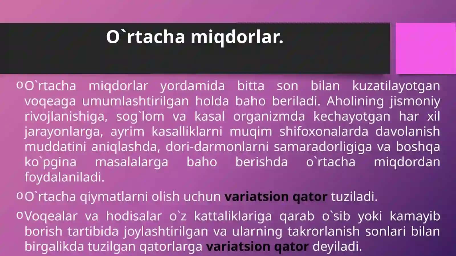 O`RTACHA MIQDORLAR, TURLARI, HISOBLASH USULLARI.STATISTIK TADQIQOT NATIJALARINING ISHONCHLILIK DARAJASINI BAHOLASH 2