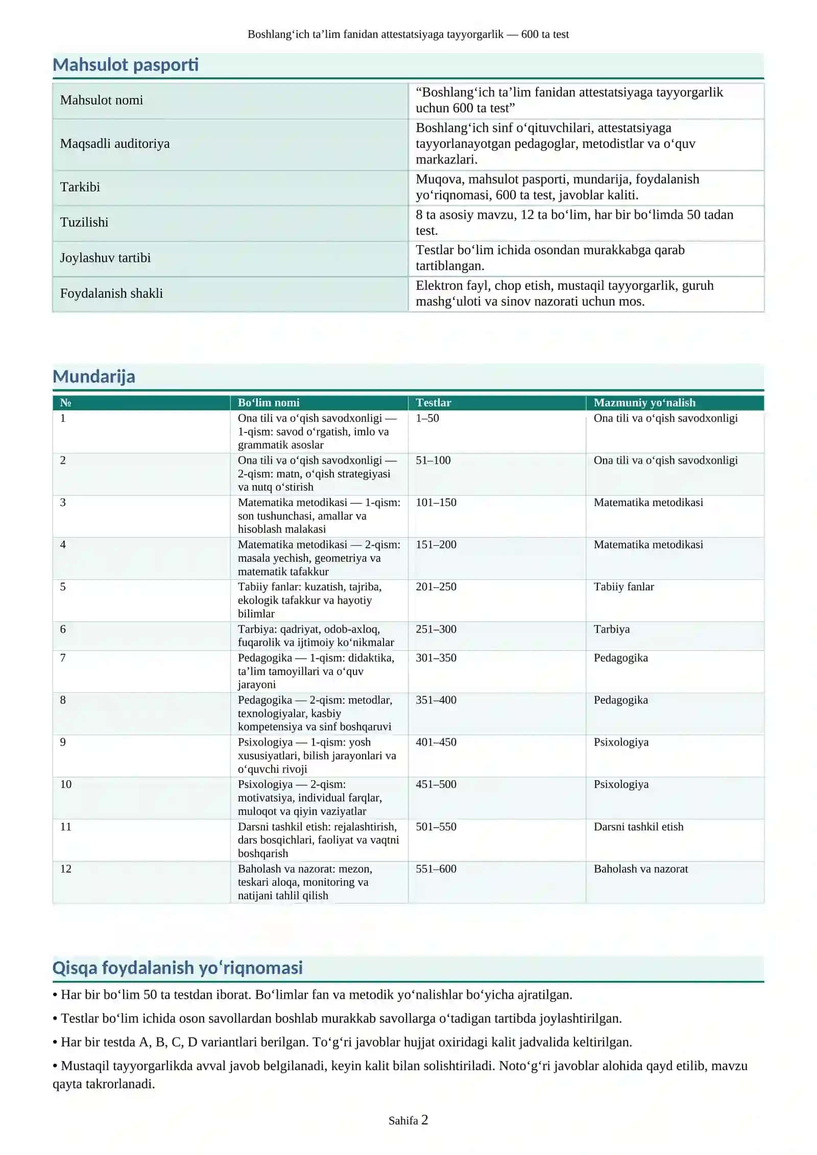 Boshlang‘ich ta’lim fanidan attestatsiyaga tayyorgarlik uchun 600 ta test 2