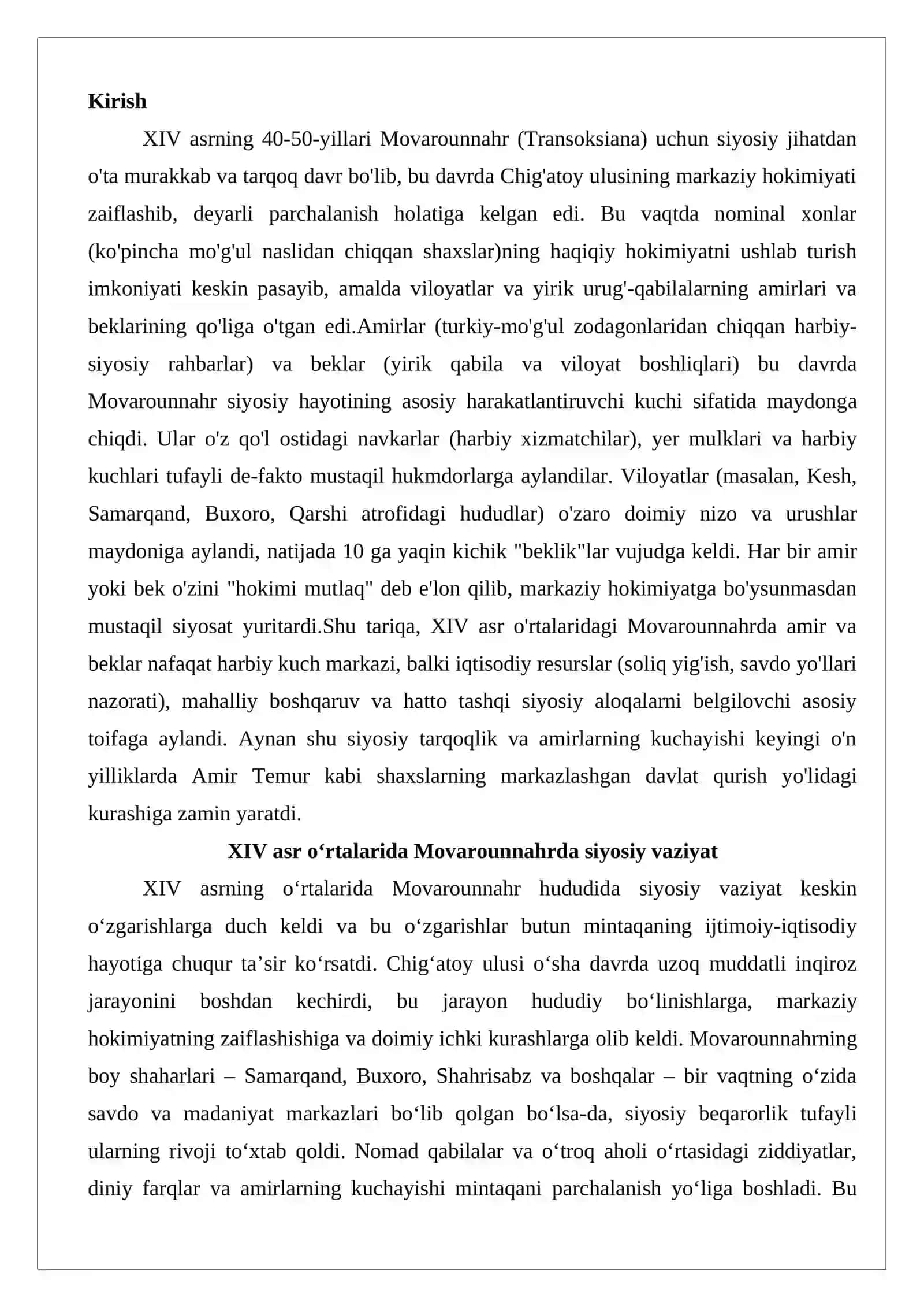 XIV asrning 40–50 yillarida Movarounnahr siyosiy hayotida amir va beklarning tutgan o‘rni va roli 2