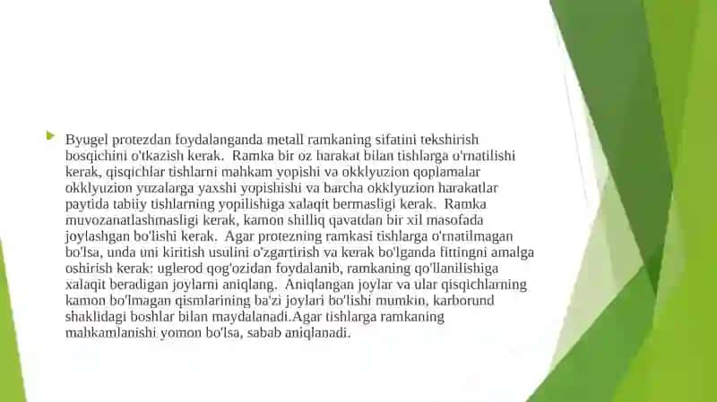 Byugel protezni yoyini og’izda tekshirib ko’rish 2