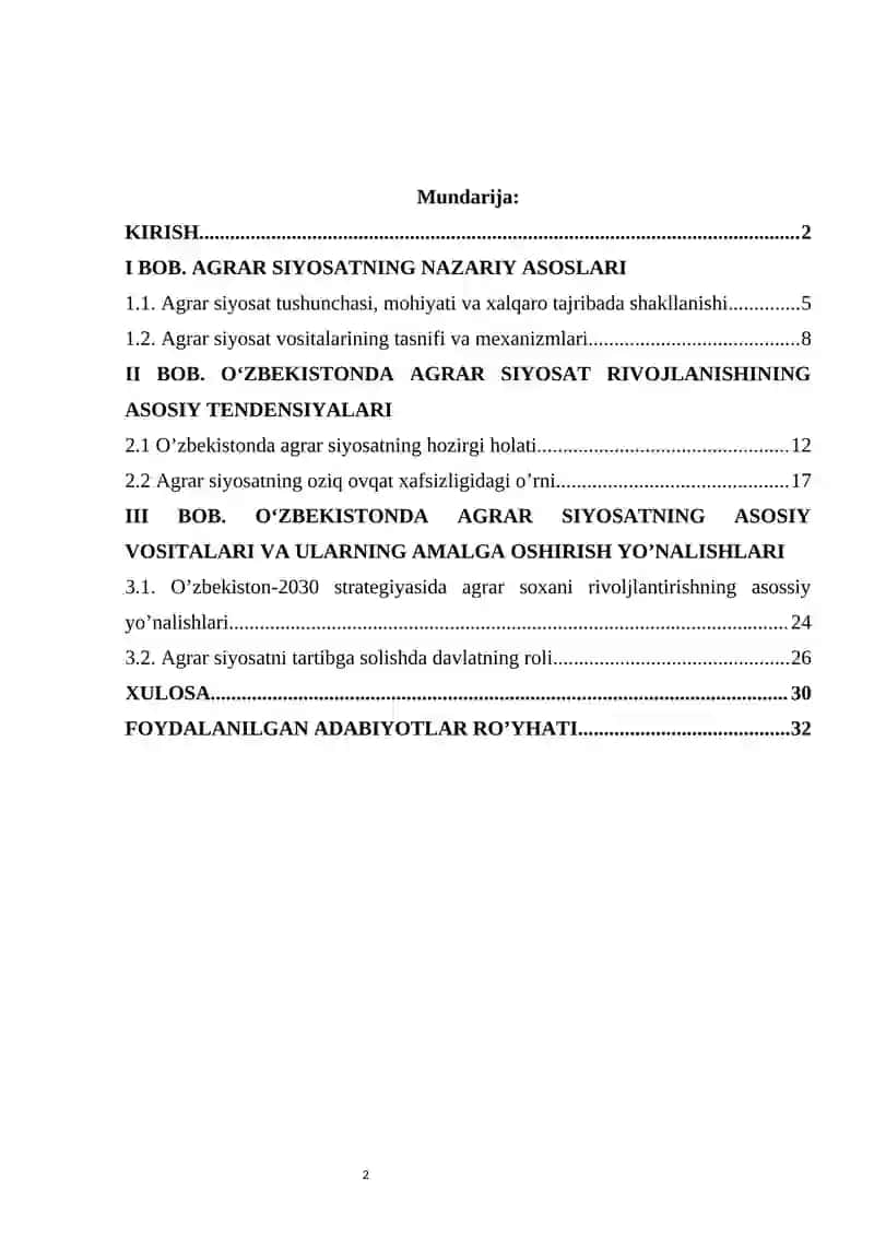 O'zbekistonda agrar siyosatning maqsadlari va vositalari 2