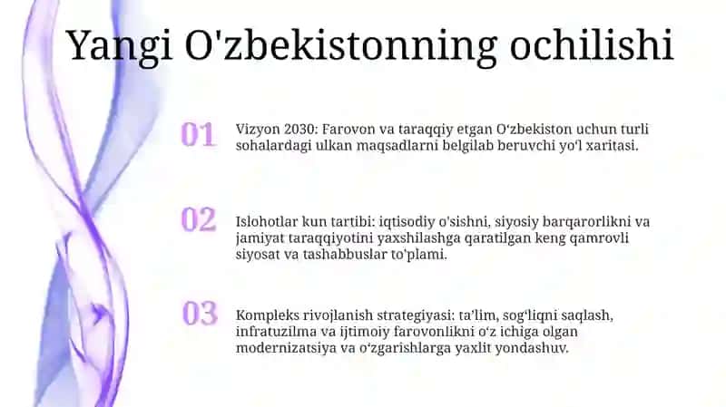 Vizyon 2030: Farovon va taraqqiy etgan O‘zbekiston uchun turli sohalardagi ulkan maqsadlarni belgilab beruvchi yo‘l xaritasi 2