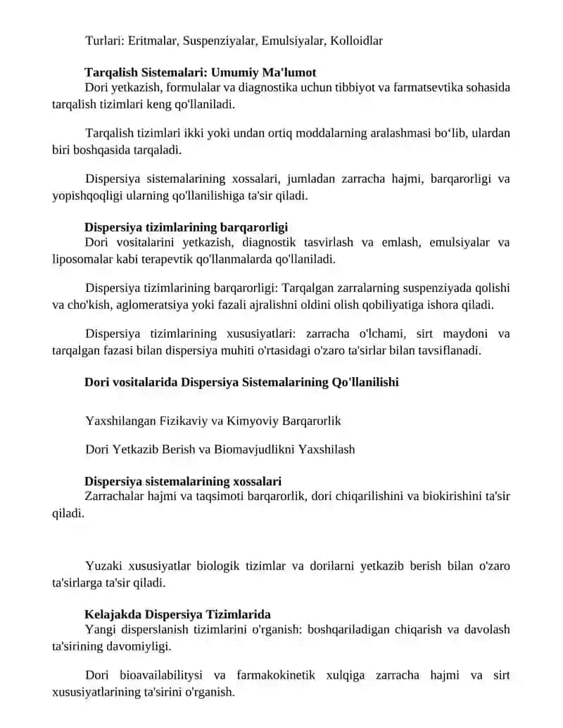 Dag'al-dispers sistemalarning xossalari va ularni tibbiyot va farmakologiyada ishlatilishi 2