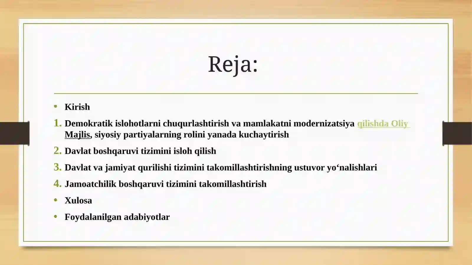 DAVLAT VA JAMIYAT QURILISHI TIZIMINI TAKOMILLASHTIRISH YOʻNALISHIDA AMALGA OSHIRILAYOTGAN ISLOHOTLARNING MOHIYATI 2