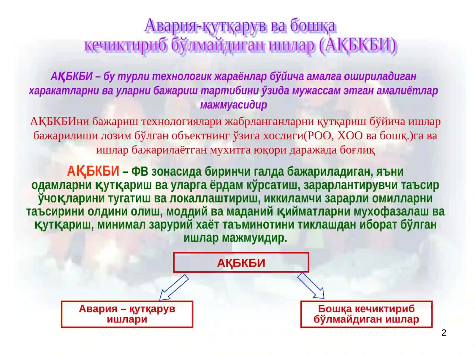 Авария-қуткарув ва бошқа кечиктириб бўлмайдиган ишларни ташкил этиш ва ўтказиш 2