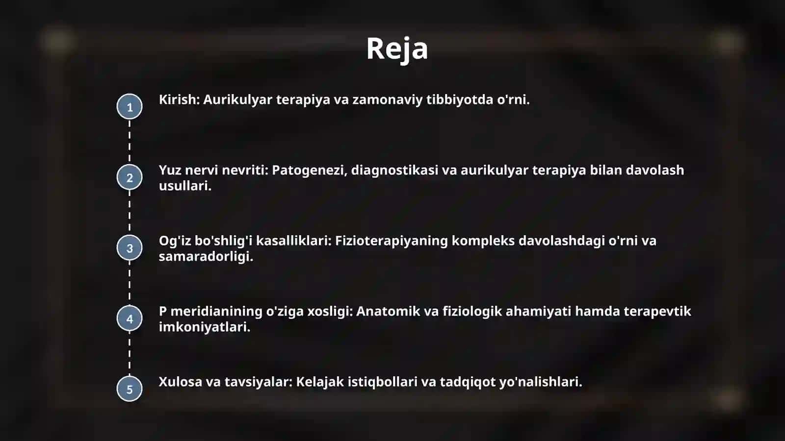 Aurikulyar terapiya. Yuz nervi nevritida qo‘llanuvchi davolash usullari. Og‘iz bo‘shlig‘i kassalliklarini davolashda fizioterapiyaning o‘rni. P meridianning o‘ziga xosligi. 2