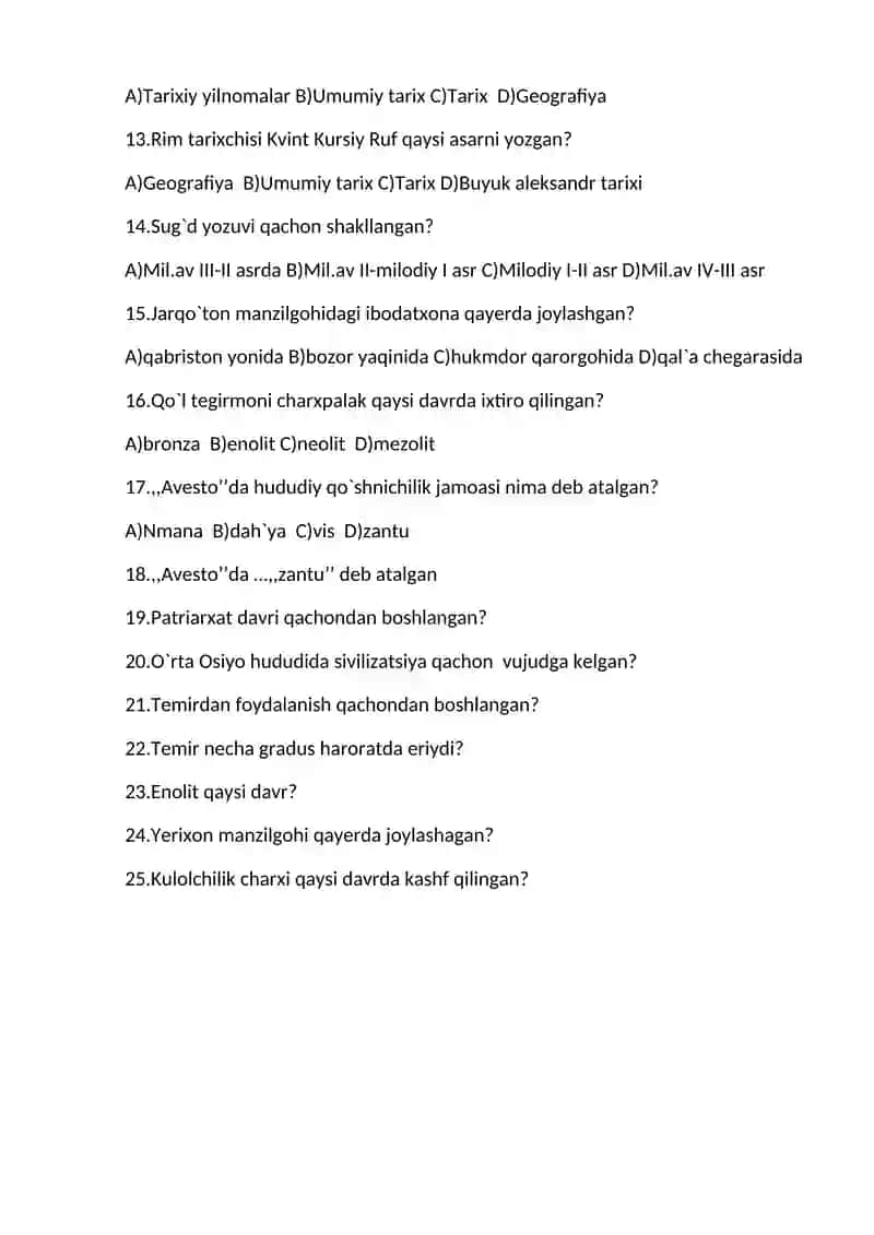 Fan testi "Tarix" 6-sinf 2