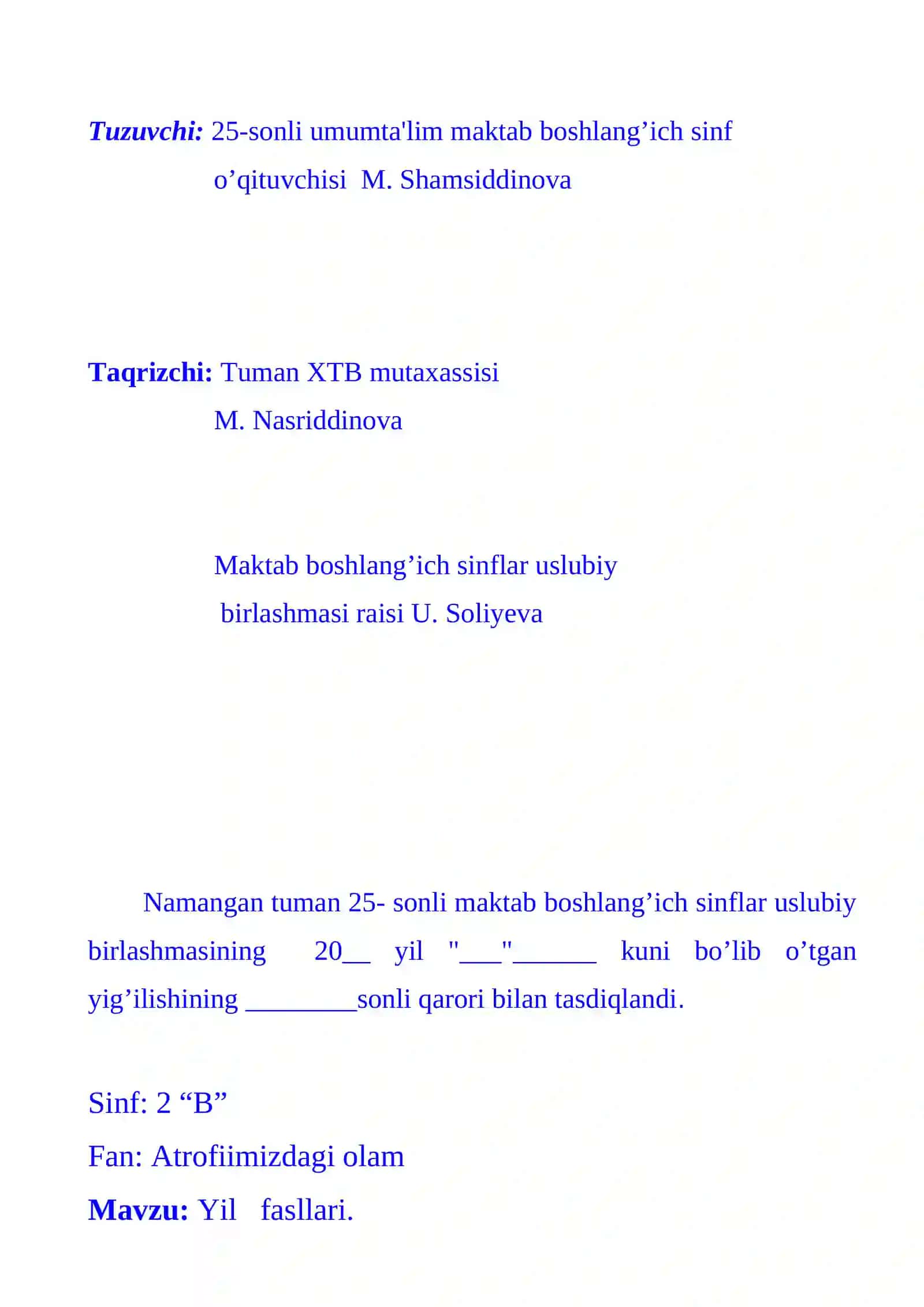 2-sinf Tabiiy Fan (Science) Yil fasllari mavzusida dars ishlanma 2