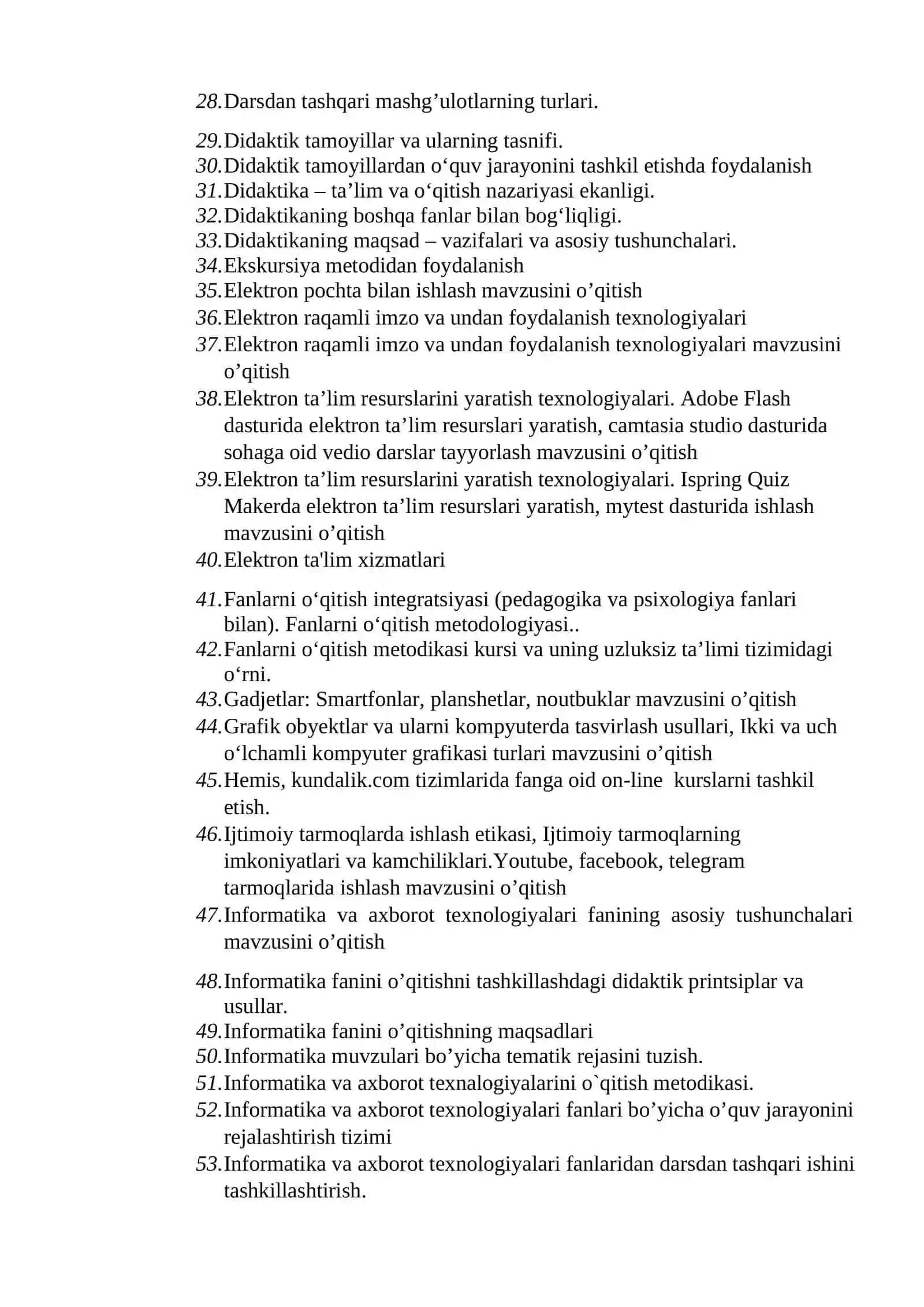 Informatika va axborot texnologiyalarini o’qitish metodikasining nazariy va amaliy asoslari fanidan yakuniy nazorat savollari 2