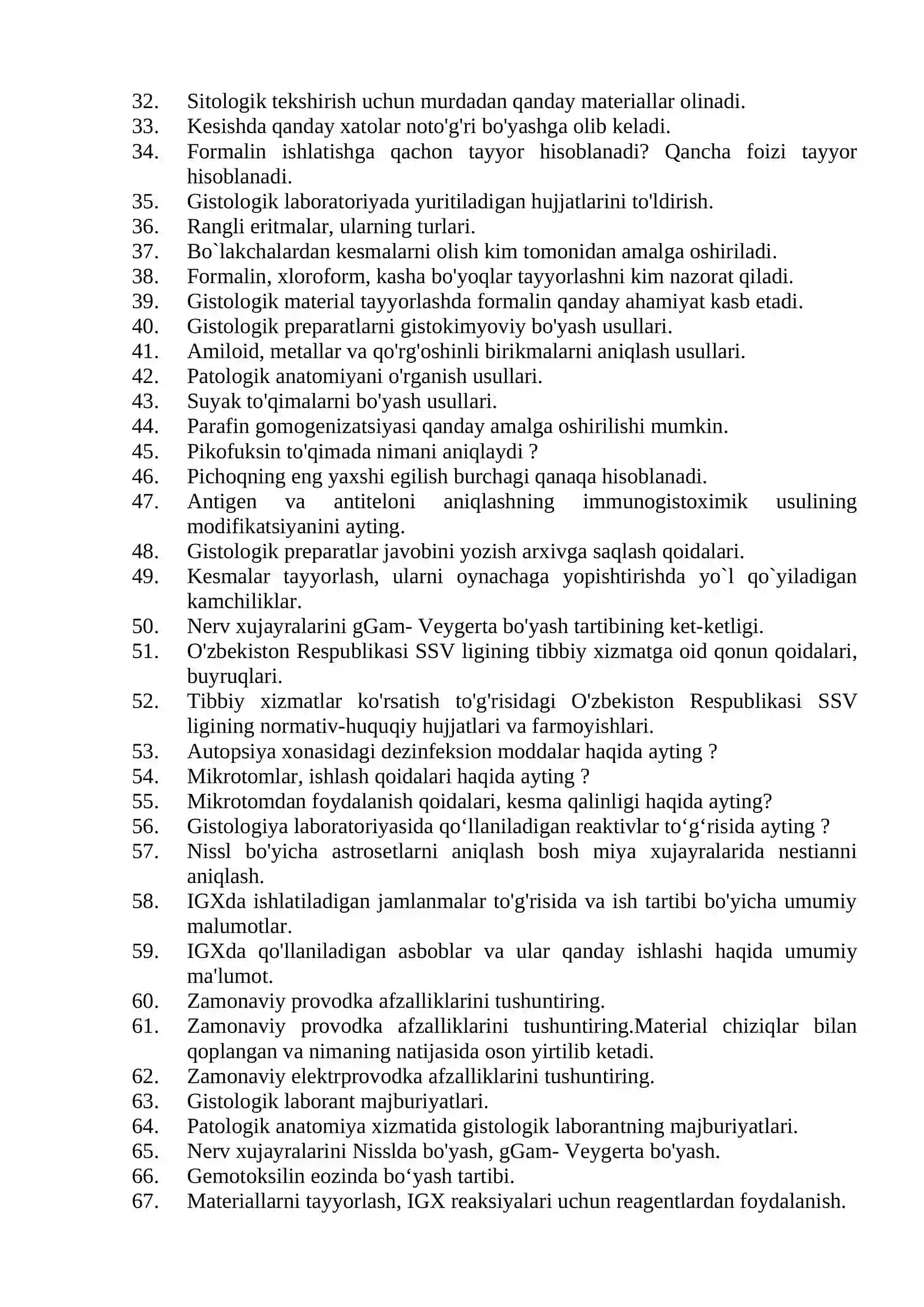 Laboratoriya ishi (Patologik anatomiya laboratoriyalari laboranti) mutaxassisligi bo’yicha shakllantirilgan og’zaki savollar ro’yxati 2