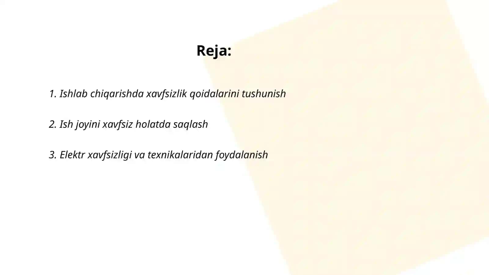 Ishlab chiqarishda texnika hayot xavfsizligi mavzusida tematik reja tayyorlash 2