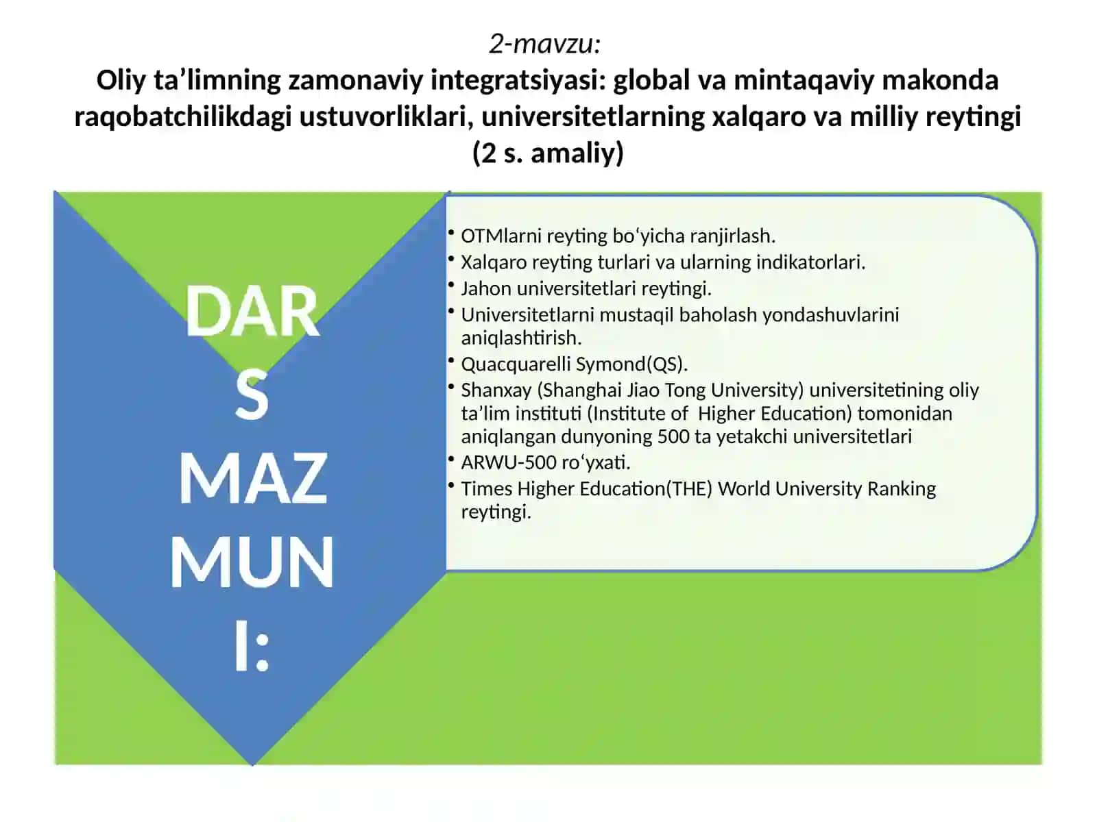 Oliy ta’limning zamonaviy integratsiyasi: global va mintaqaviy makonda raqobatchilikdagi ustuvorliklari, universitetlarning xalqaro va milliyreytingi 2