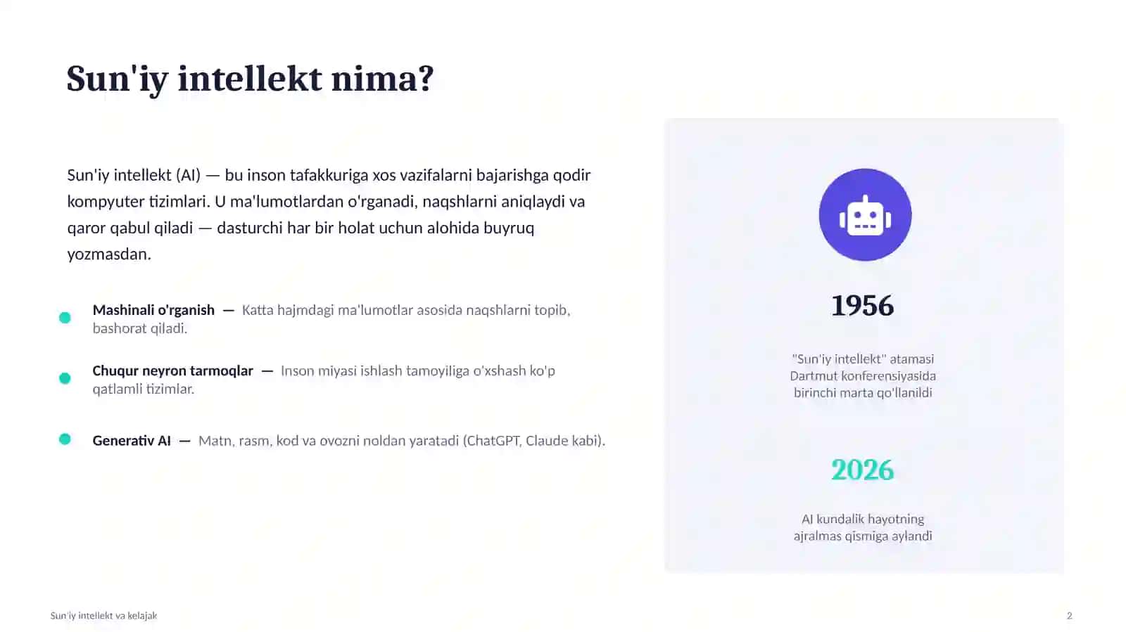 Sun'iy intellekt (AI) va uning kelajagi: Kundalik hayotimiz va kasblarga ta'siri | PPT Taqdimot 2