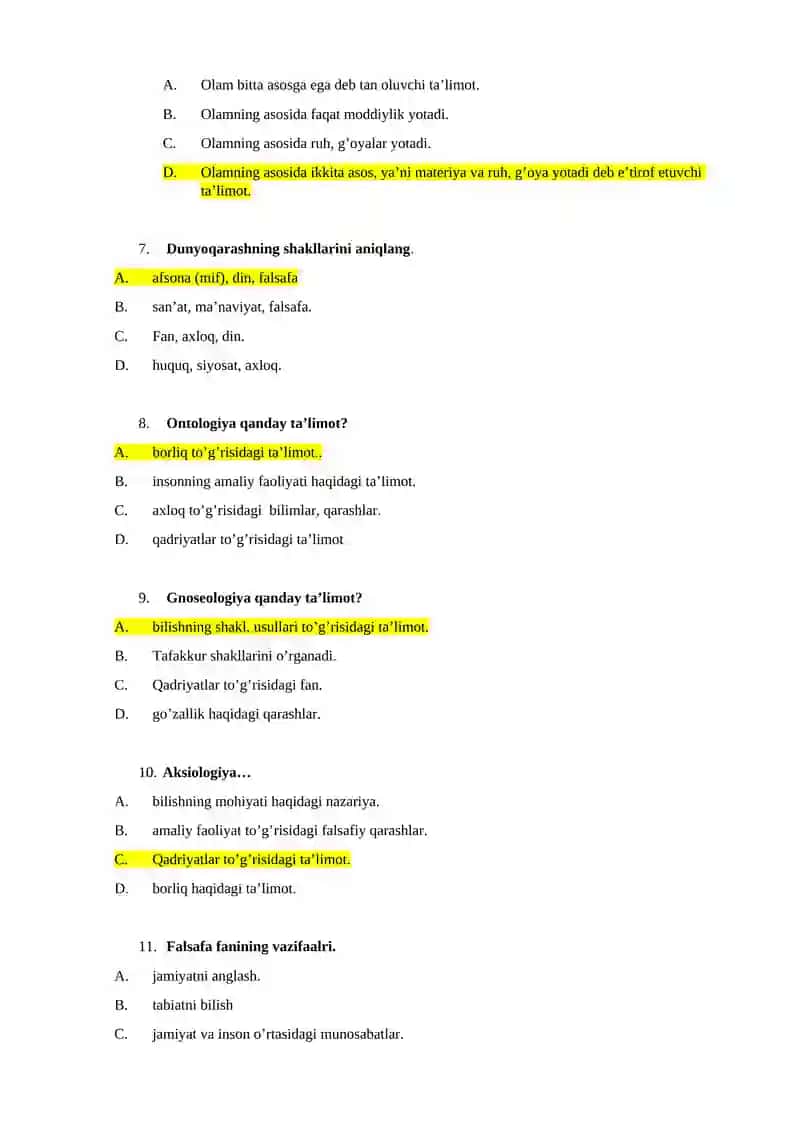 FALSAFADAN TEST SAVOLLARI 2
