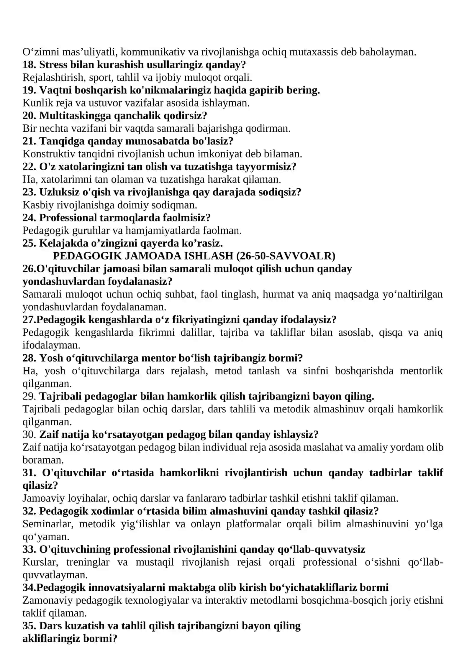 Maktab maslahatchisi lavozimi uchun suhbat test savol va javoblari 2