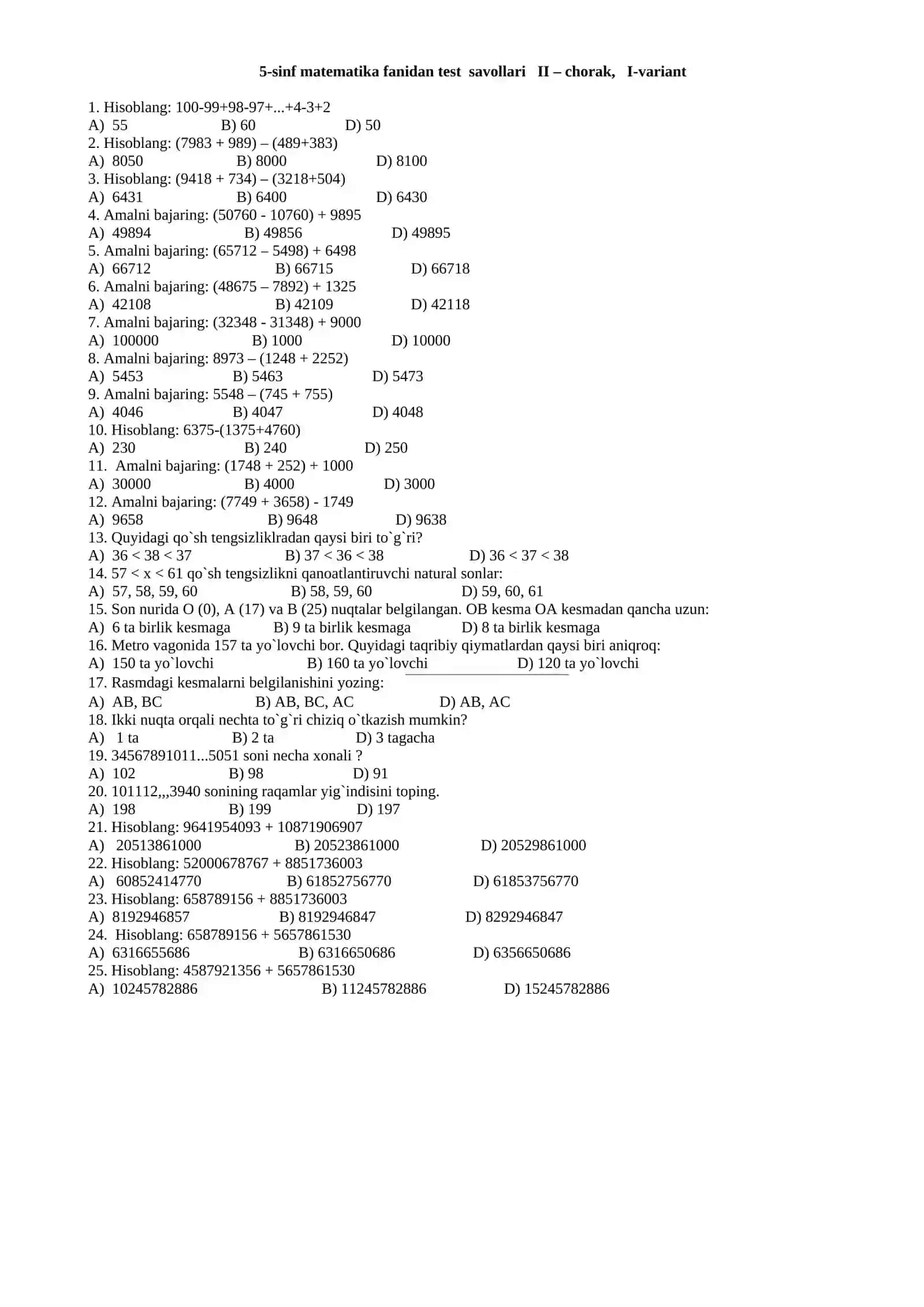 5-sinf matematika fanidan test savollari I – chorak, II-variant 2