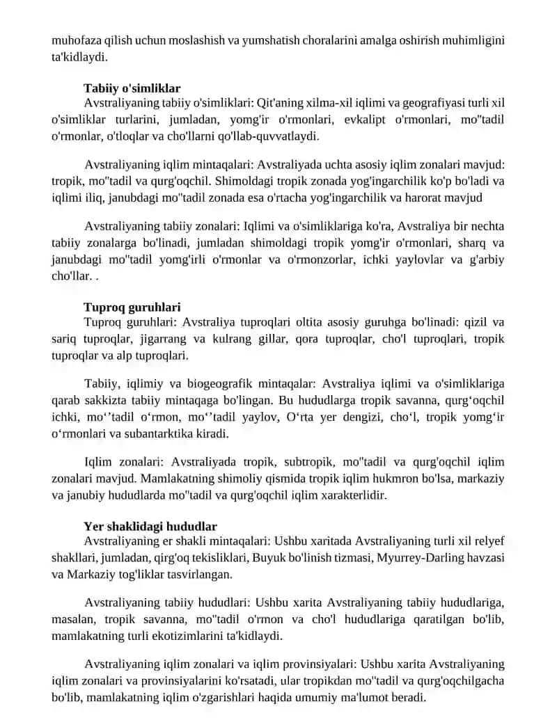 Avstraliyaning Tabiiy, Iqlim, Iqlim Mintaqalari Va Tabiat Zonalari Kartalarini Tahlil Qilish 2