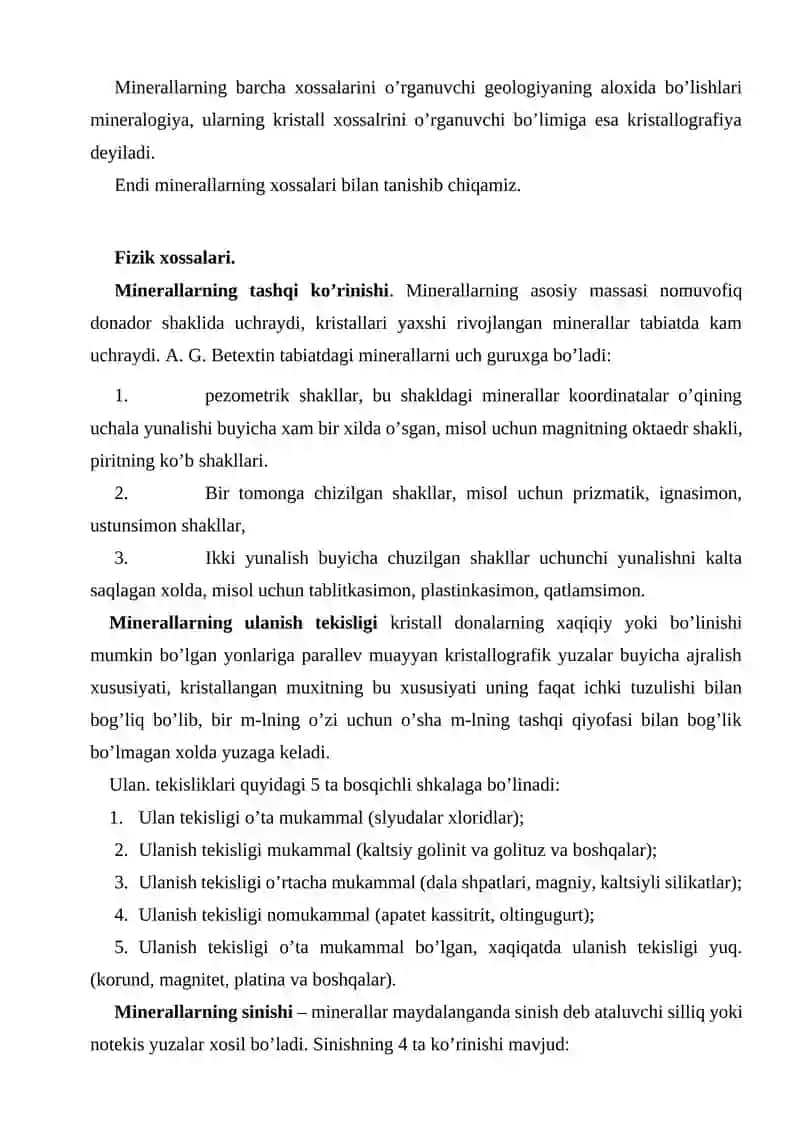Minerallar. Ularining xossalari va xosil bo’lishi 2