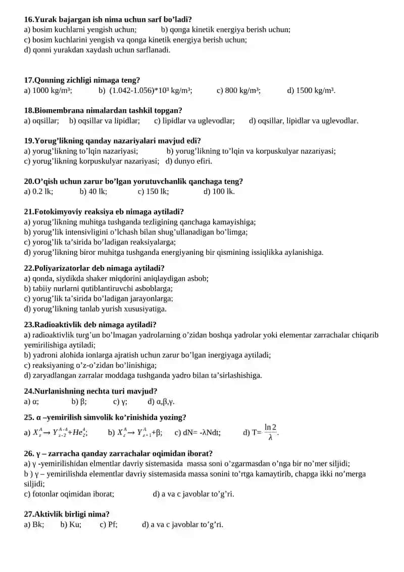 Biofizika test savollari 2