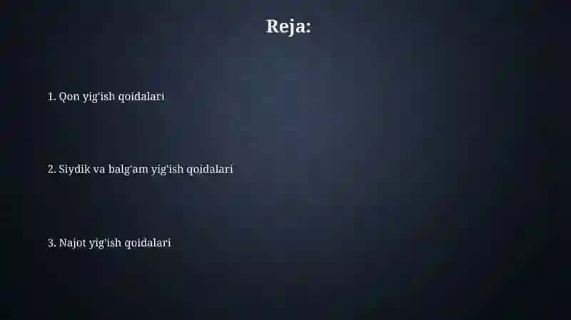 Bemordan qon siydik balg'am va axlat yeg'ish qoidalari 2