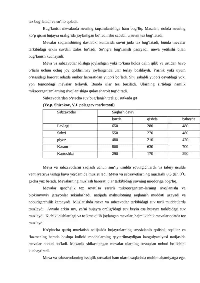 Meva va sabzavotlarning fizik xossalari va ularni saqlashdagi o‘zgarishlar 2