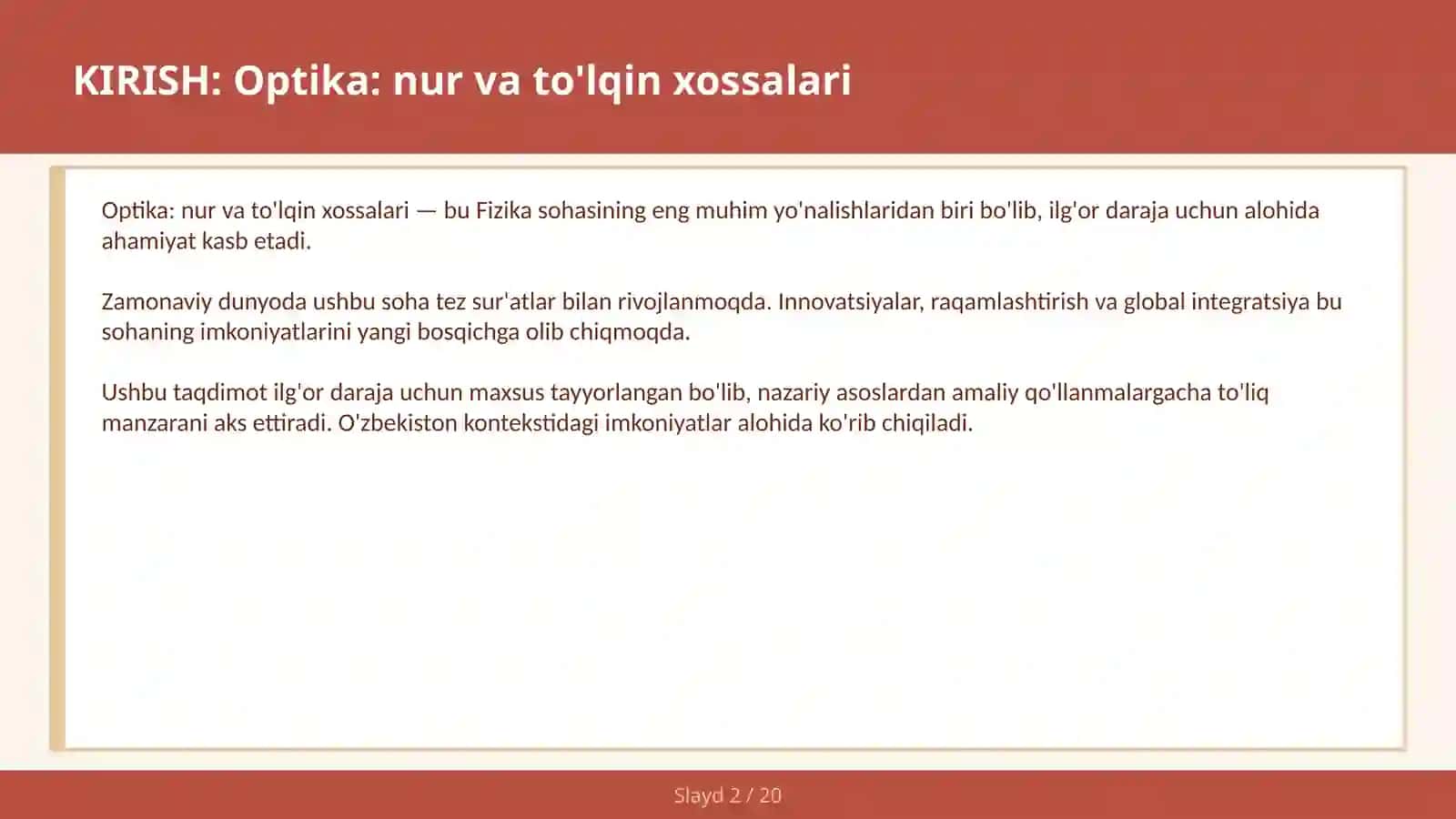 Optika: nur va to'lqin xossalari 2