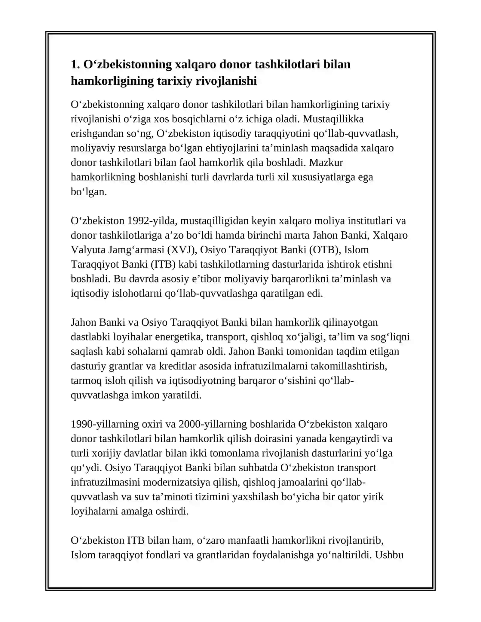ÓZBEKSTANNIŃ XALIQ ARALIQ DONOR SHÓLKEMLERDEGI QATNASIWI HÁM OLARDAN TARTQAN KREDITLERINIŃ TIYKARĢI BAĢDARLARI 2