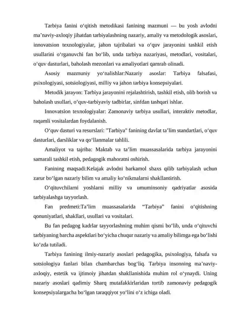 TARBIYA FANINI O'QITISH METODIKASI FANINI MAZMUNI 2