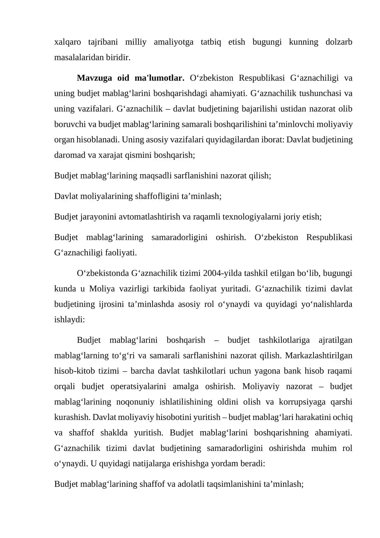 Oʻzbekiston Respublikasi Gʻaznachiligining Davlat Budjetini Boshqarishdagi Ahamiyati 2
