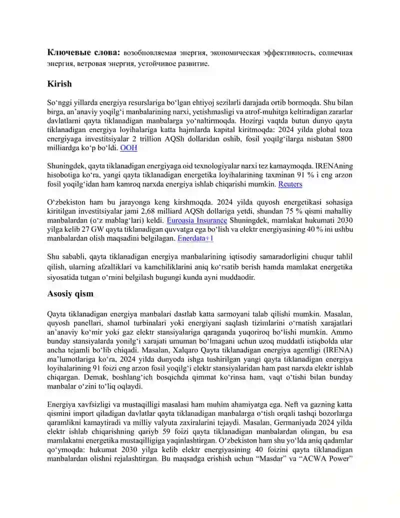Qayta tiklanadigan energiya manbalarining iqtisodiy samaradorligi 2