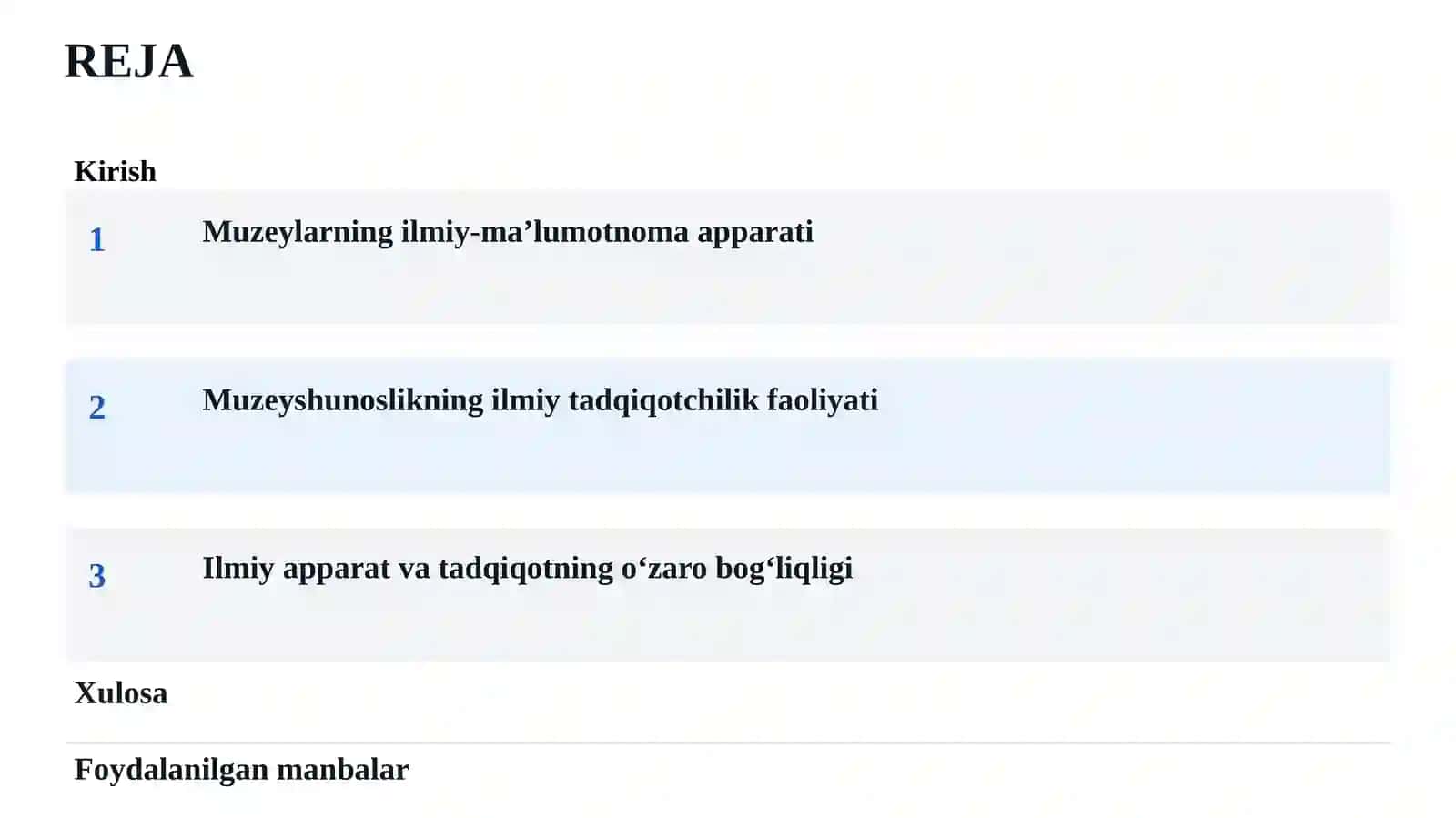 Muzeylarning ilmiy-ma’lumotnoma apparativi va ilmiy tadqiqotchilik faoliyati 2
