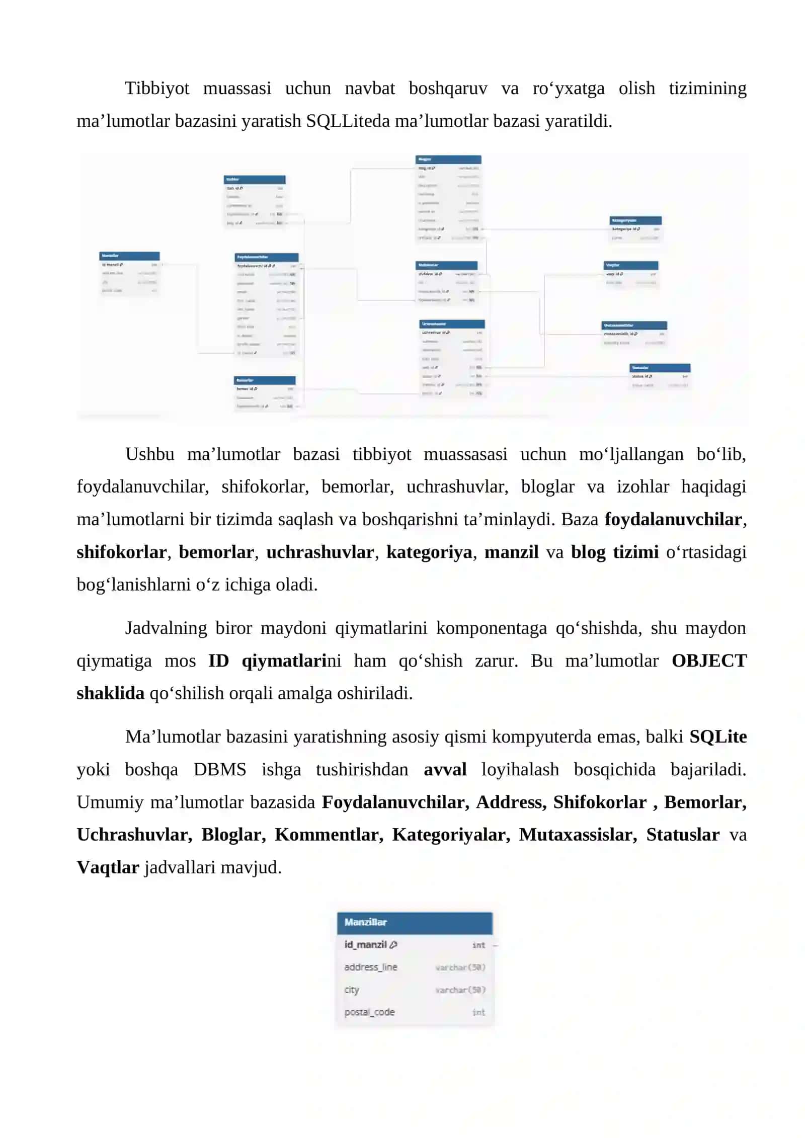 Tibbiyot muassasi uchun navbat boshqaruv va ro‘yxatga olish tizimining ma’lumotlar bazasi 2