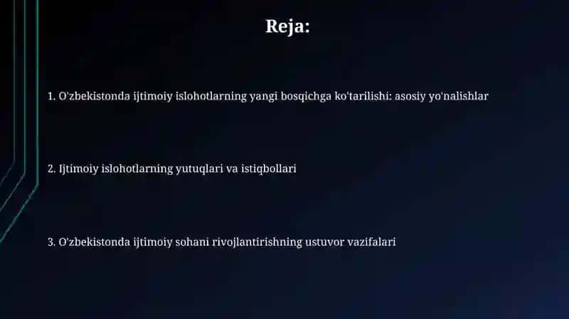 O'zbekistonda ijtimoiy islohotlarning yangi bosqichga ko'tarilishi 2